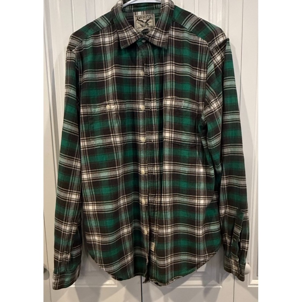 American Living Men's L Green Black Plaid Flannel Shirt Long Sleeve Vintage